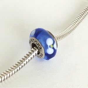 Pandora Blue White Floral Murano Glass Bead Charm .925 Sterling Silver